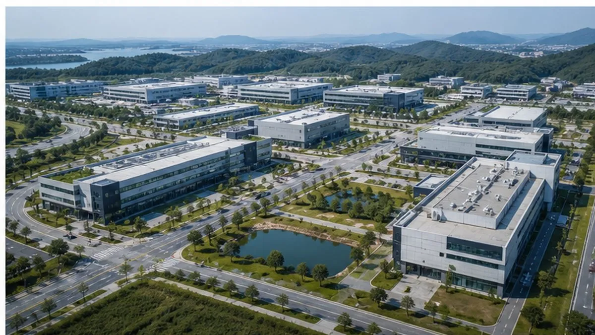 AI 생성 이미지. 실제 산업단지 항공사진이 아니며, 지역 산업거점 조성 맥락을 설명하기 위한 연출 이미지입니다.